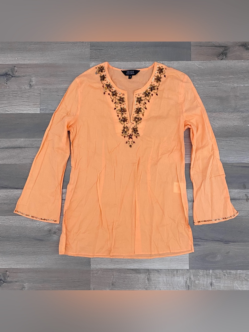 Vintage Image Bright Orange Sheer Beaded 100% Cotton Long Sleeve Tunic M
